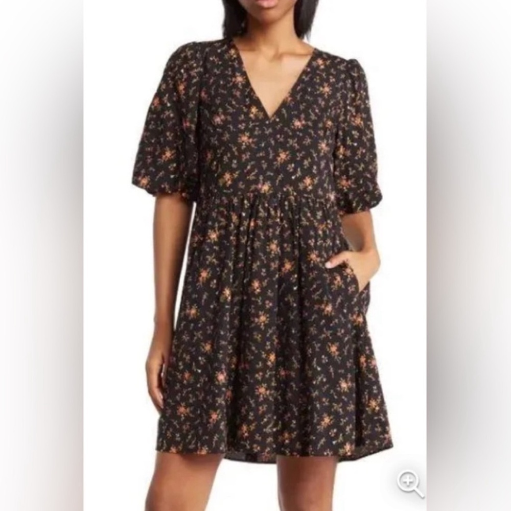 Madewell Floral Black Puff Sleeve Dress